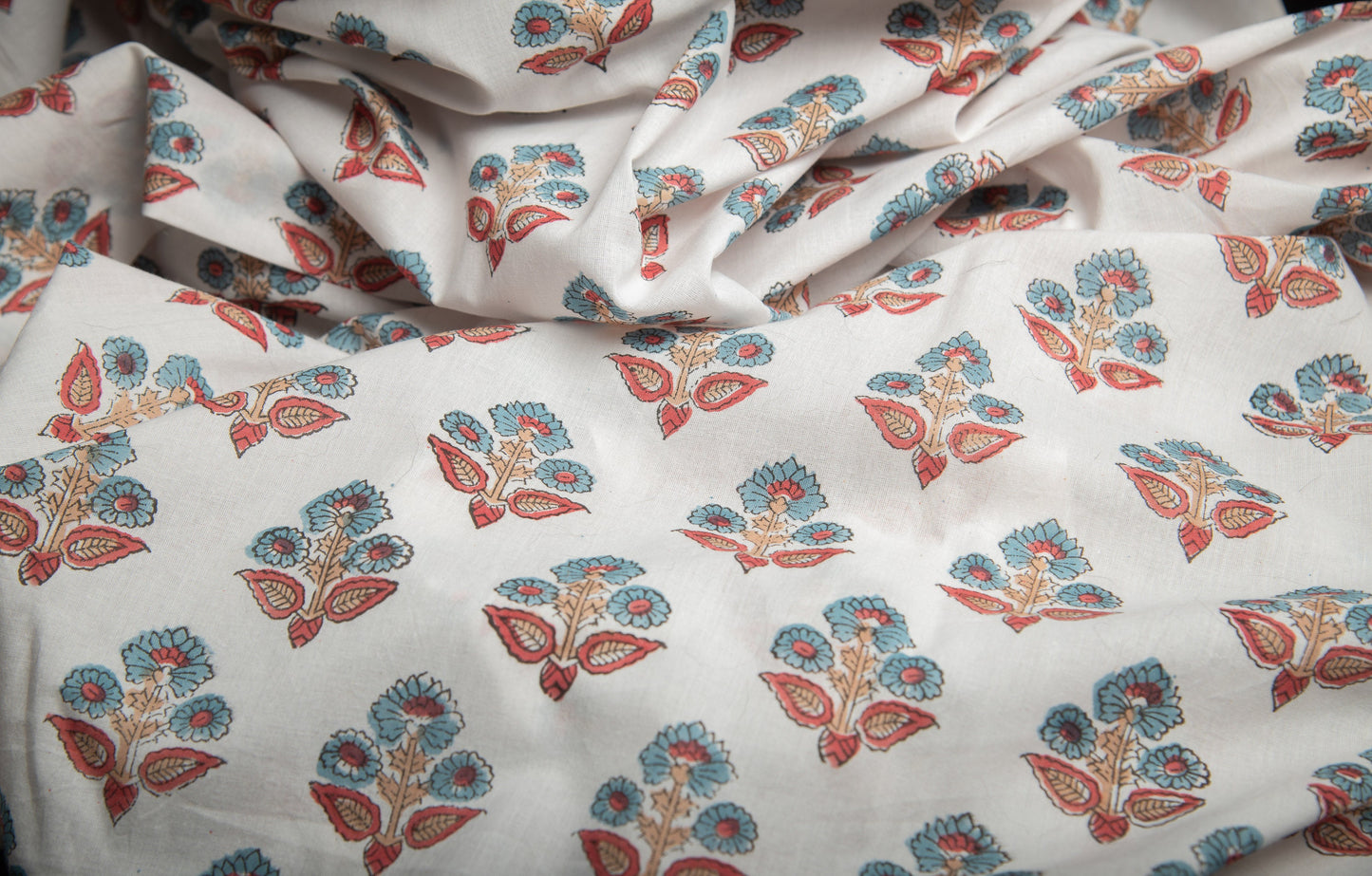1 yard-Teal and red floral motif hand block printed cotton fabric-tote bag fabric/girls dress fabric/quilting/decor/women's dress