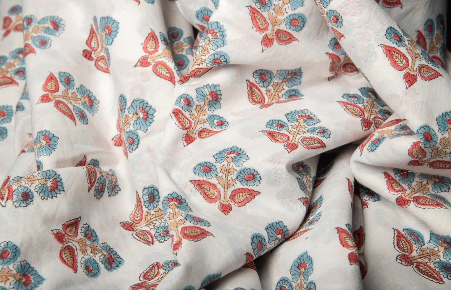 1 yard-Teal and red floral motif hand block printed cotton fabric-tote bag fabric/girls dress fabric/quilting/decor/women's dress