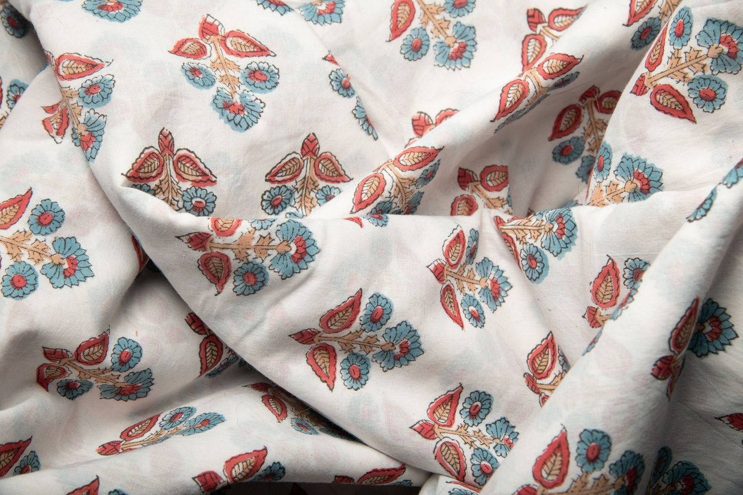 1 yard-Teal and red floral motif hand block printed cotton fabric-tote bag fabric/girls dress fabric/quilting/decor/women's dress