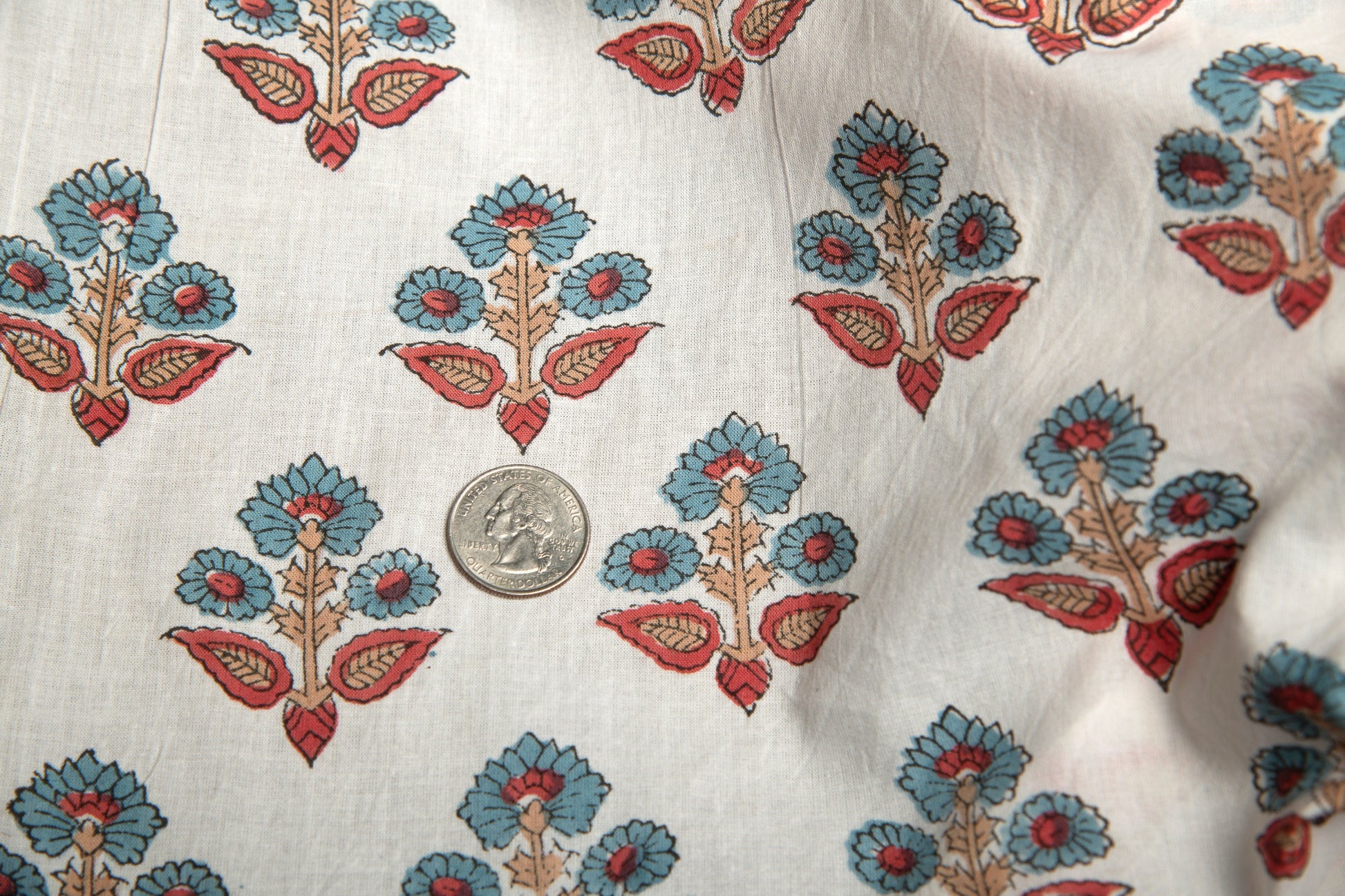 1 yard-Teal and red floral motif hand block printed cotton fabric-tote bag fabric/girls dress fabric/quilting/decor/women's dress