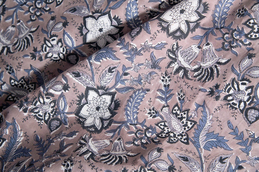 1 yard-Dusty brown blue grey floral motif hand block printed cotton fabric-tote bag fabric/girls dress fabric/quilting/decor/women's dress