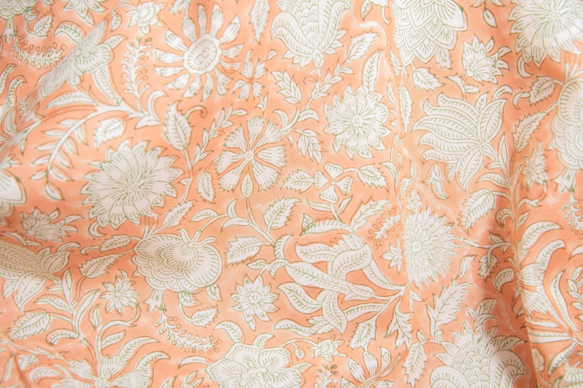 1 yard-Pale peach orange monotone floral motif hand block printed cotton fabric-tote bag /girls dress fabric/quilting/decor/women's dress