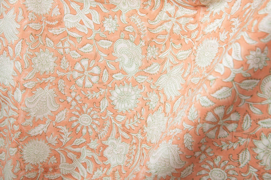 1 yard-Pale peach orange monotone floral motif hand block printed cotton fabric-tote bag /girls dress fabric/quilting/decor/women's dress