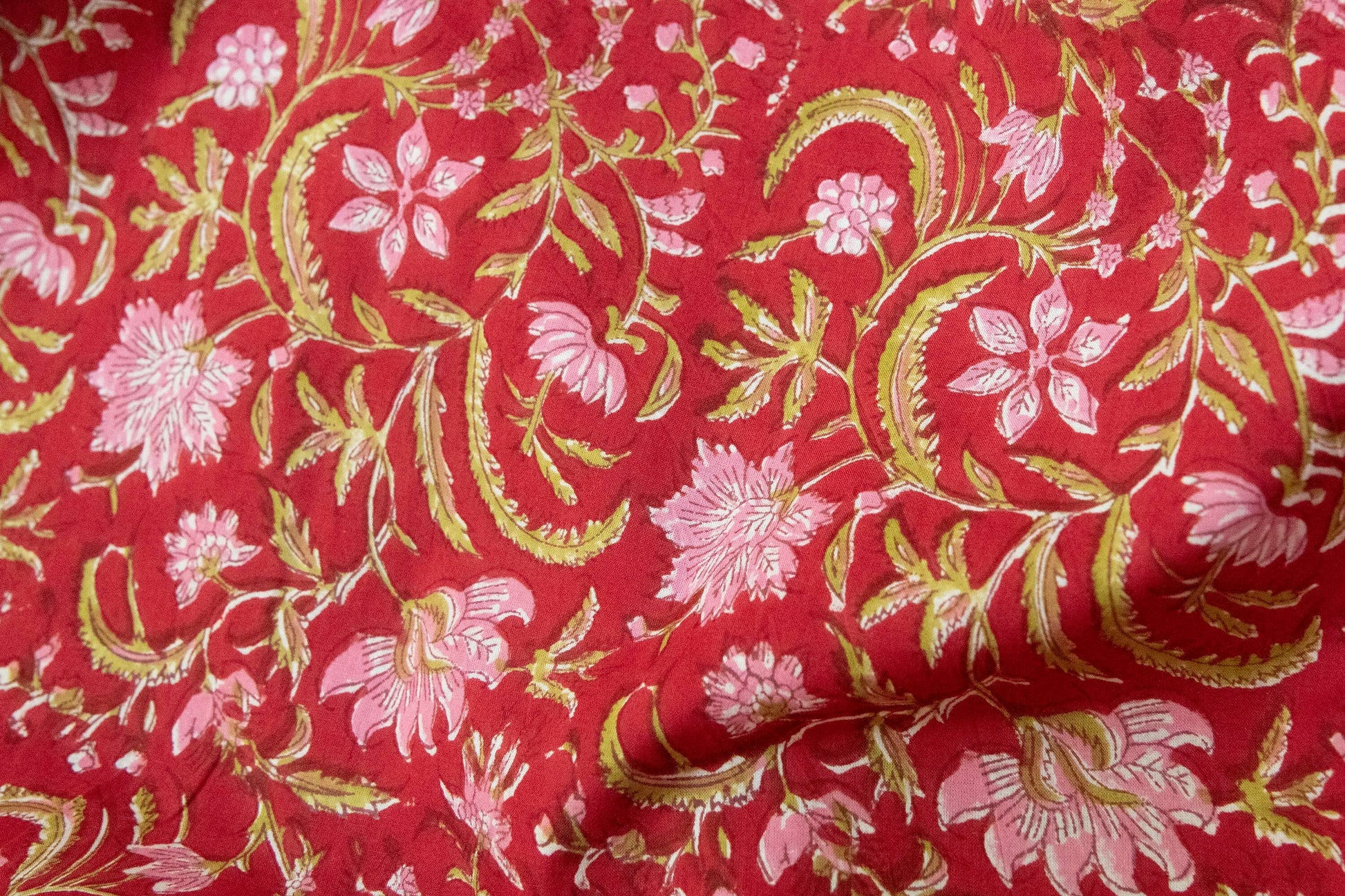 1 yard-Dark red with pink floral vines hand block printed cotton fabric-tote bag /girls dress fabric/quilting/decor/women's dress