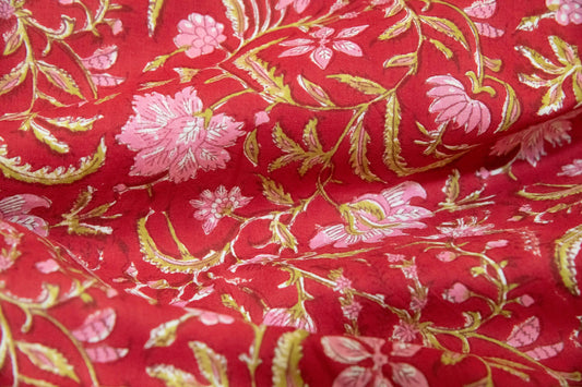 1 yard-Dark red with pink floral vines hand block printed cotton fabric-tote bag /girls dress fabric/quilting/decor/women's dress