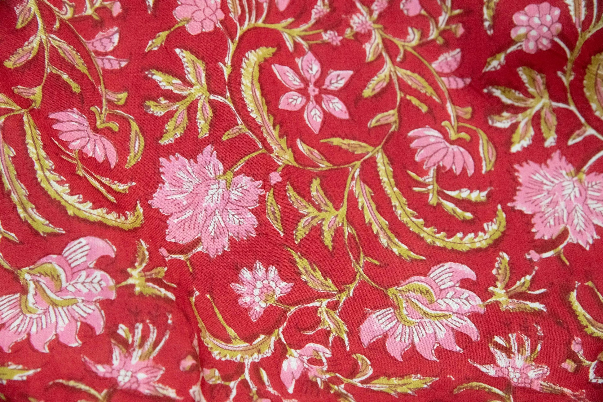 1 yard-Dark red with pink floral vines hand block printed cotton fabric-tote bag /girls dress fabric/quilting/decor/women's dress