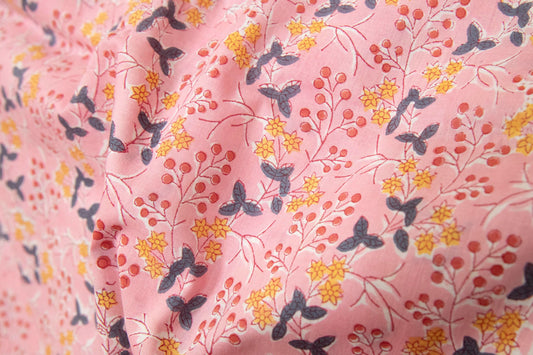 1 yard-Candy pink with red berry and ditsy yellow floral motif hand block printed cotton fabric-girls dress fabric/quilting/decor/ dress