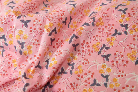 1 yard-Candy pink with red berry and ditsy yellow floral motif hand block printed cotton fabric-girls dress fabric/quilting/decor/ dress