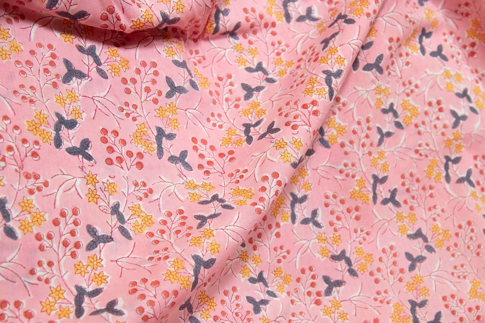 1 yard-Candy pink with red berry and ditsy yellow floral motif hand block printed cotton fabric-girls dress fabric/quilting/decor/ dress