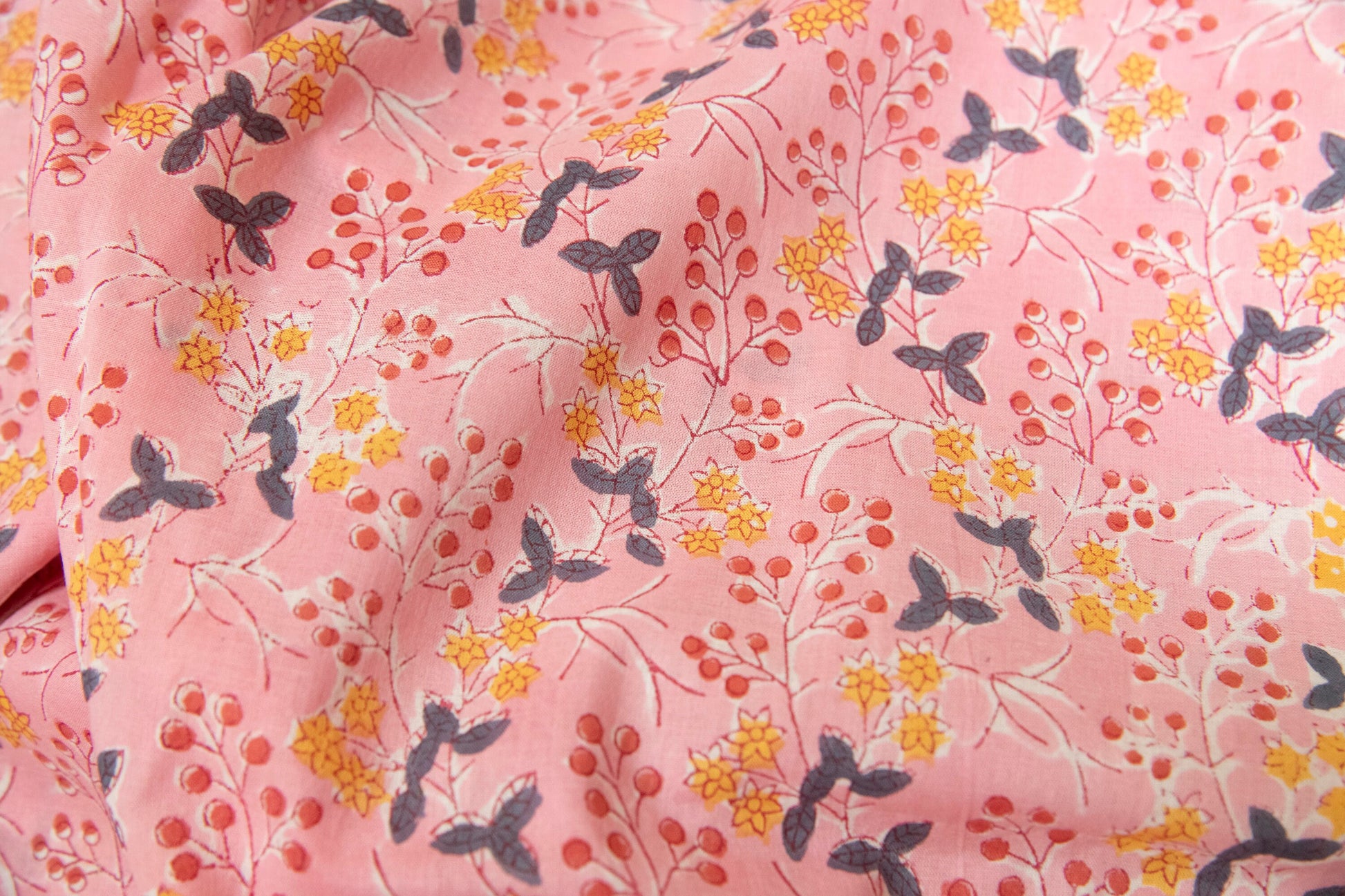 1 yard-Candy pink with red berry and ditsy yellow floral motif hand block printed cotton fabric-girls dress fabric/quilting/decor/ dress