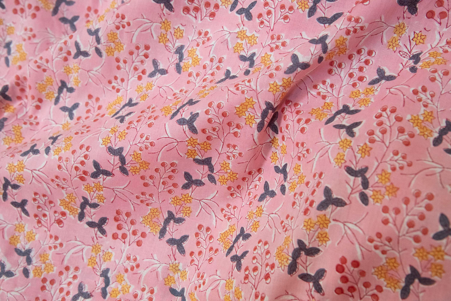 1 yard-Candy pink with red berry and ditsy yellow floral motif hand block printed cotton fabric-girls dress fabric/quilting/decor/ dress