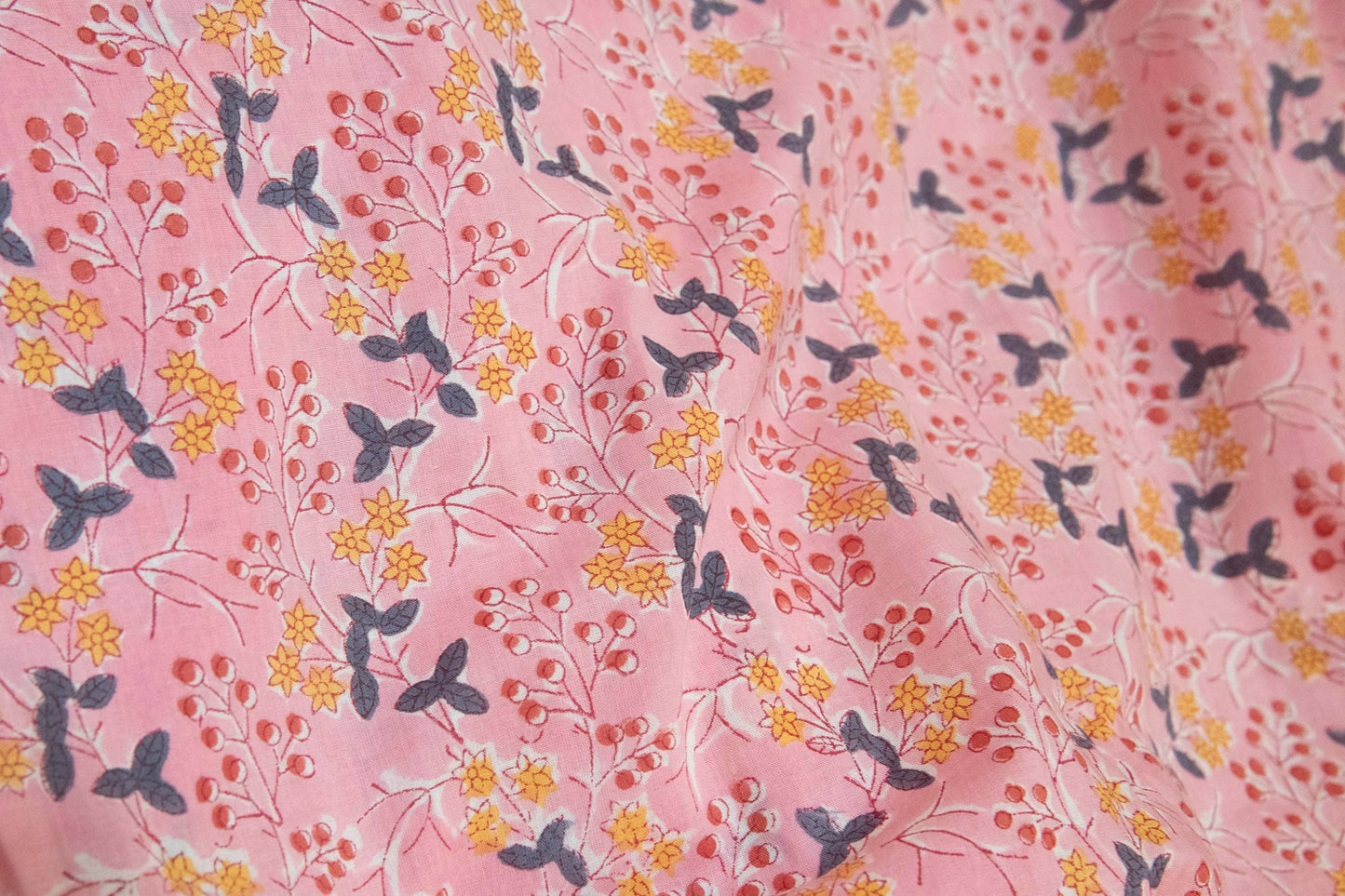 1 yard-Candy pink with red berry and ditsy yellow floral motif hand block printed cotton fabric-girls dress fabric/quilting/decor/ dress