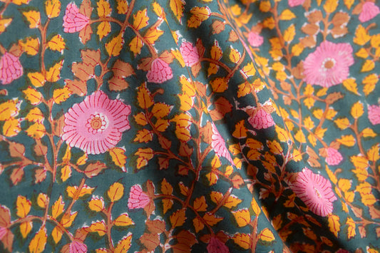 1 yard-Emerald green with bubblegum pink floral /yellow leaves hand block printed cotton fabric-girls dress fabric/quilting/decor/ dress