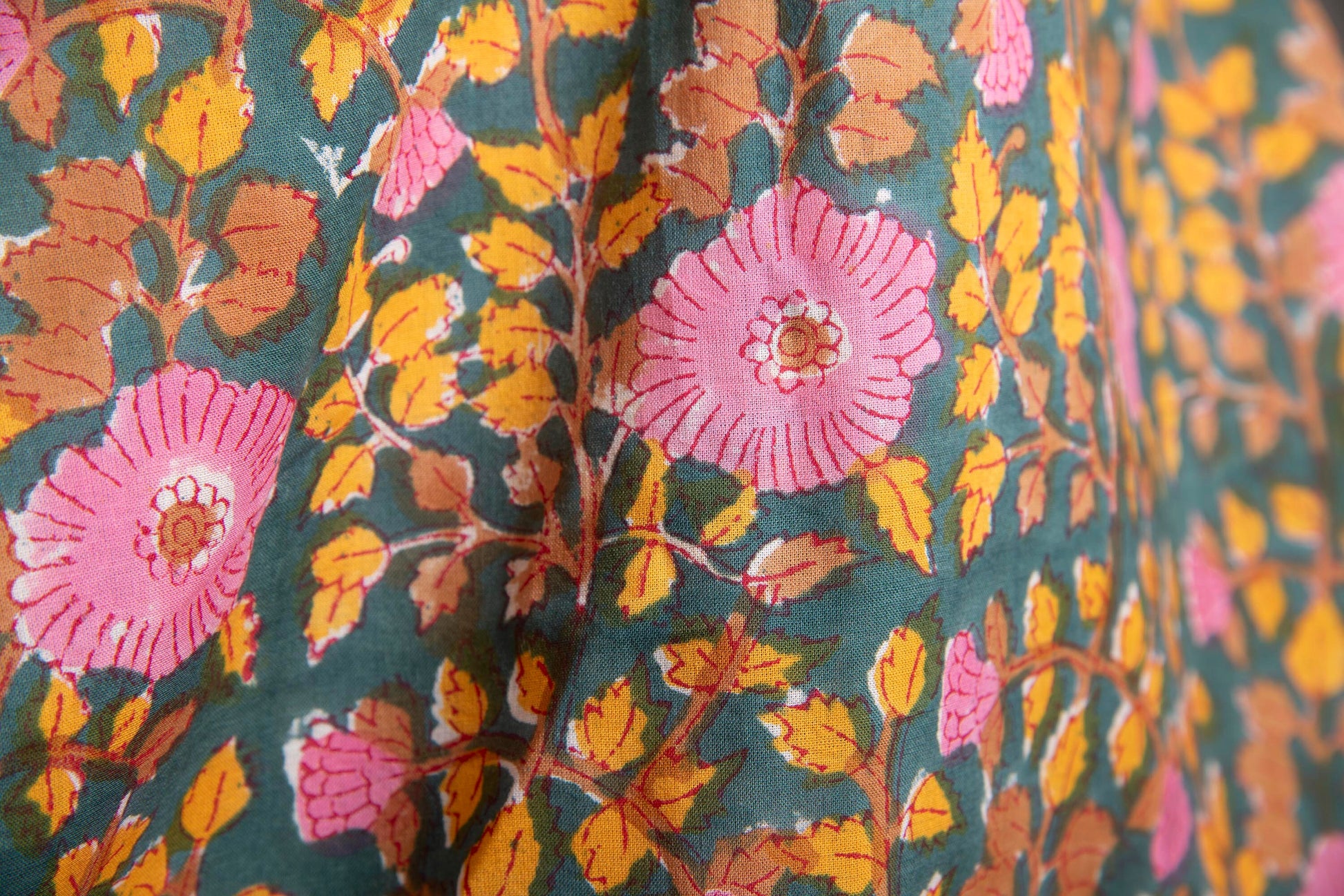 1 yard-Emerald green with bubblegum pink floral /yellow leaves hand block printed cotton fabric-girls dress fabric/quilting/decor/ dress