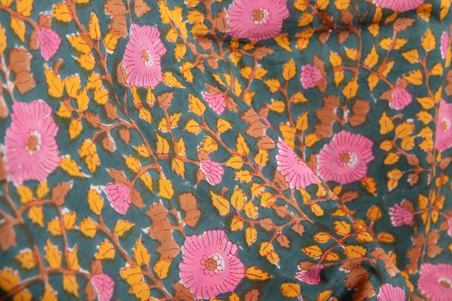 1 yard-Emerald green with bubblegum pink floral /yellow leaves hand block printed cotton fabric-girls dress fabric/quilting/decor/ dress