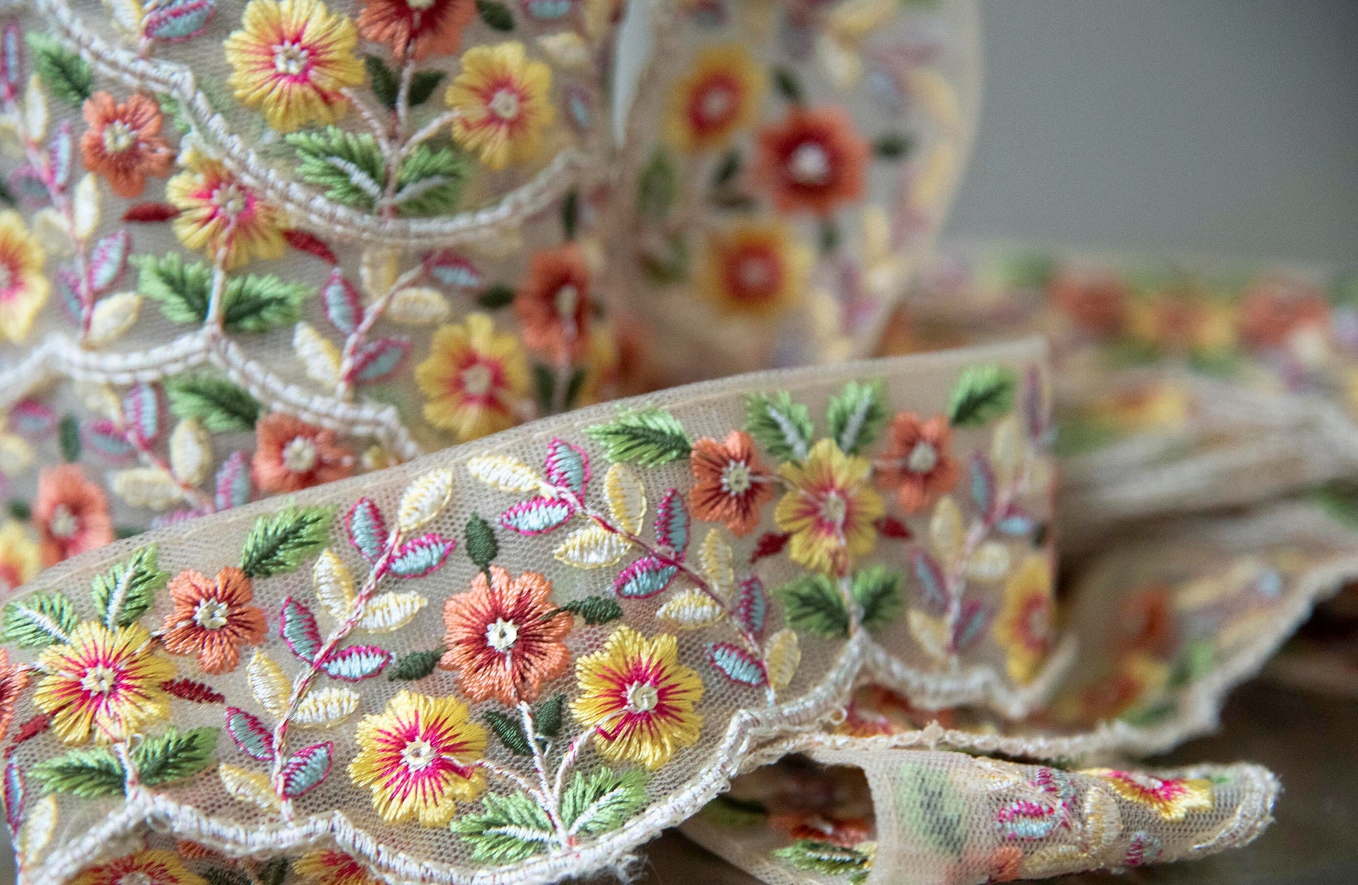 1 yard-Lemon yellow and orange rust floral thread embroidery ribbon on mesh fabric-scallop floral trim for bow making, edging-dress making