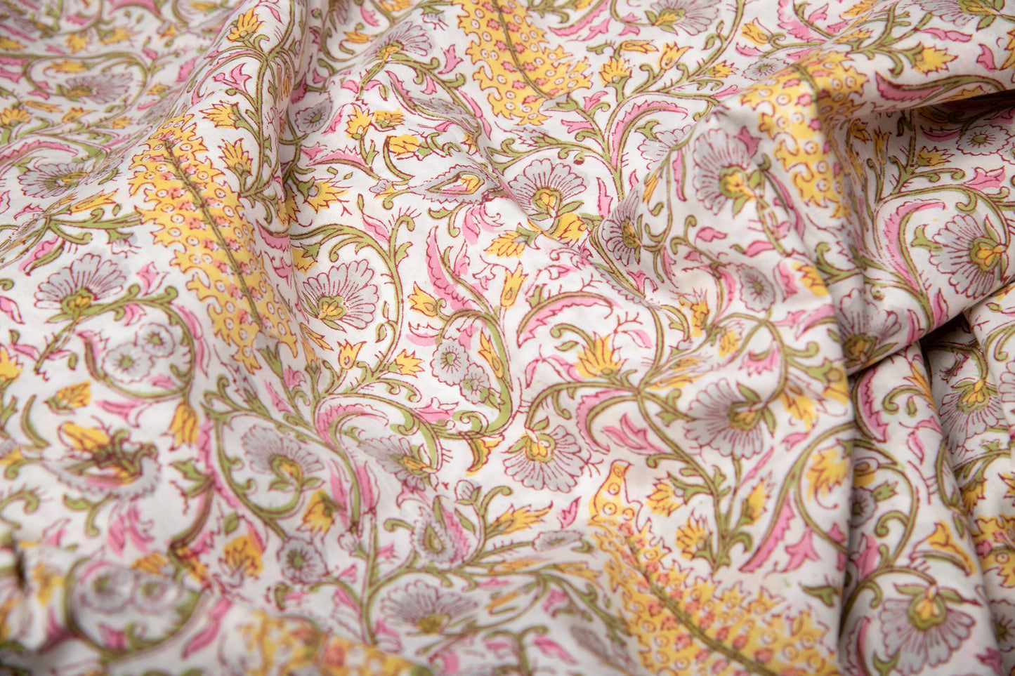 1 yard-Yellow pink floral green vine hand block printed cotton fabric-tote bag fabric/girls dress fabric/quilting/decor/women's dress