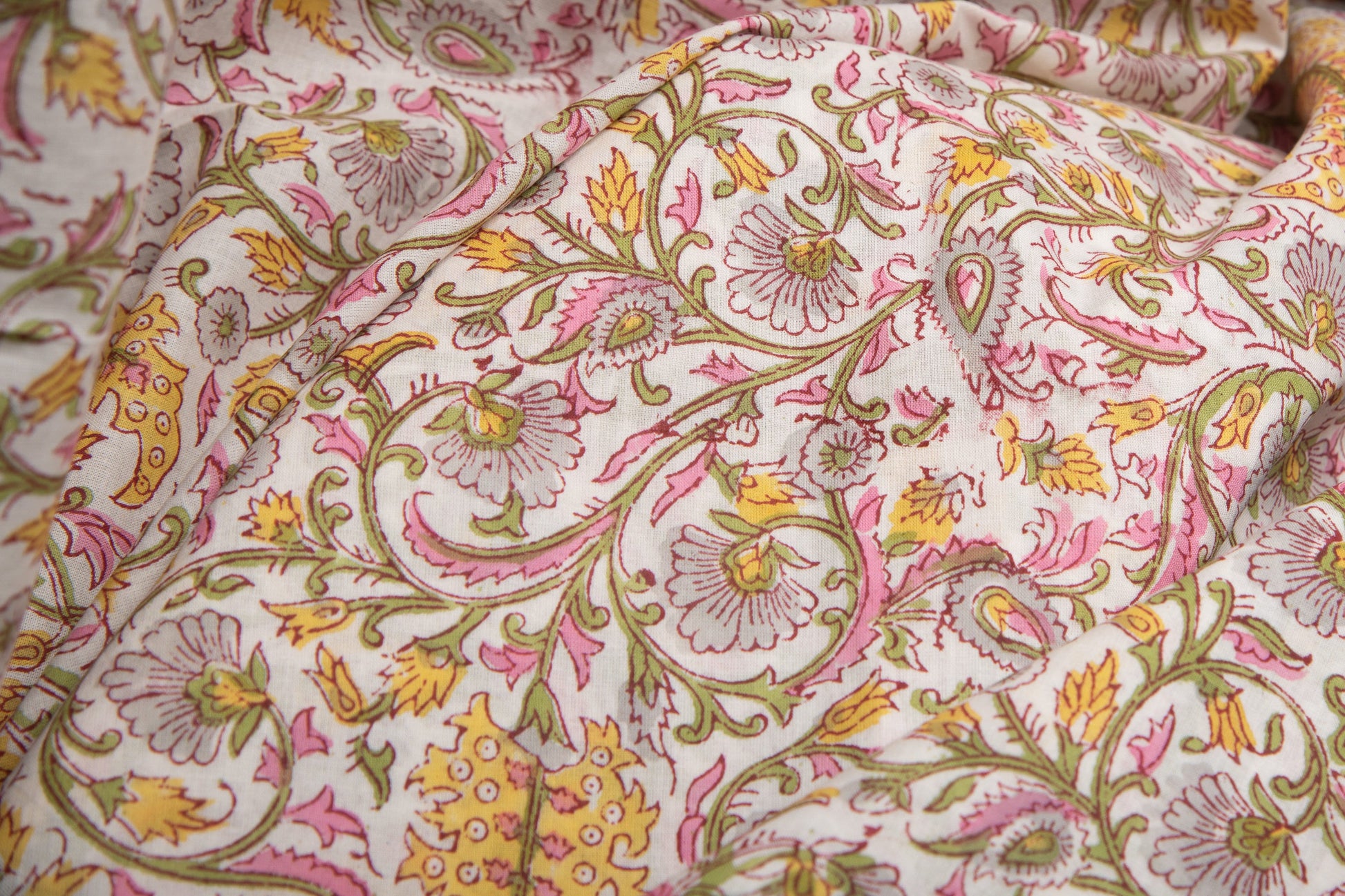 1 yard-Yellow pink floral green vine hand block printed cotton fabric-tote bag fabric/girls dress fabric/quilting/decor/women's dress