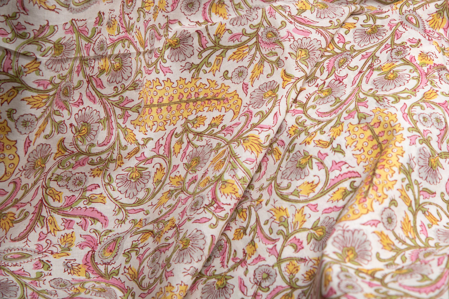 1 yard-Yellow pink floral green vine hand block printed cotton fabric-tote bag fabric/girls dress fabric/quilting/decor/women's dress