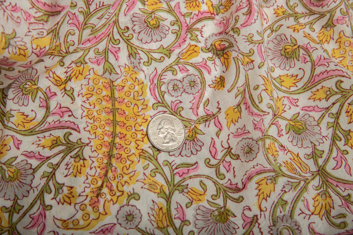 1 yard-Yellow pink floral green vine hand block printed cotton fabric-tote bag fabric/girls dress fabric/quilting/decor/women's dress