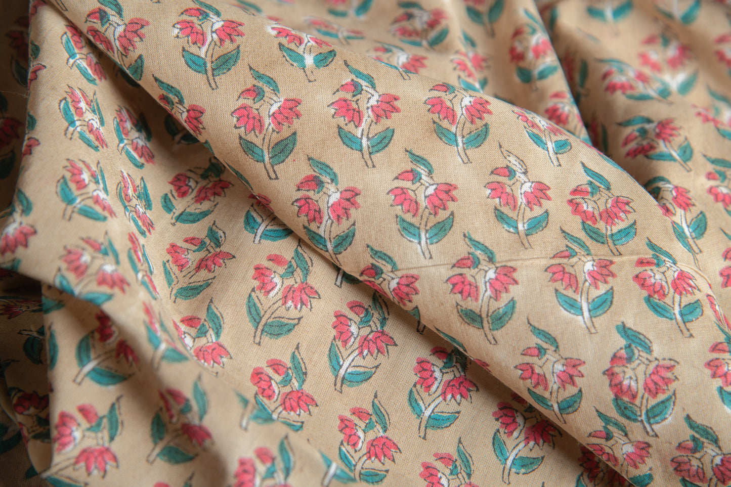1 yard-Ditsy pink red floral teal leaf hand block printed cotton fabric-tote bag fabric/girls dress fabric/quilting/decor/women's dress