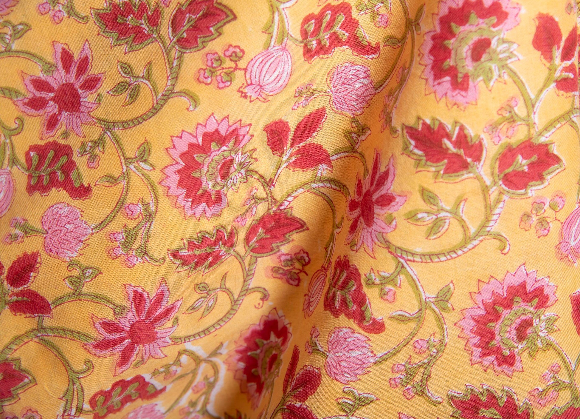 1 yard-Chrome yellow with red and pink floral green vines hand block printed cotton fabric-girls dress fabric/quilting/decor/ dress