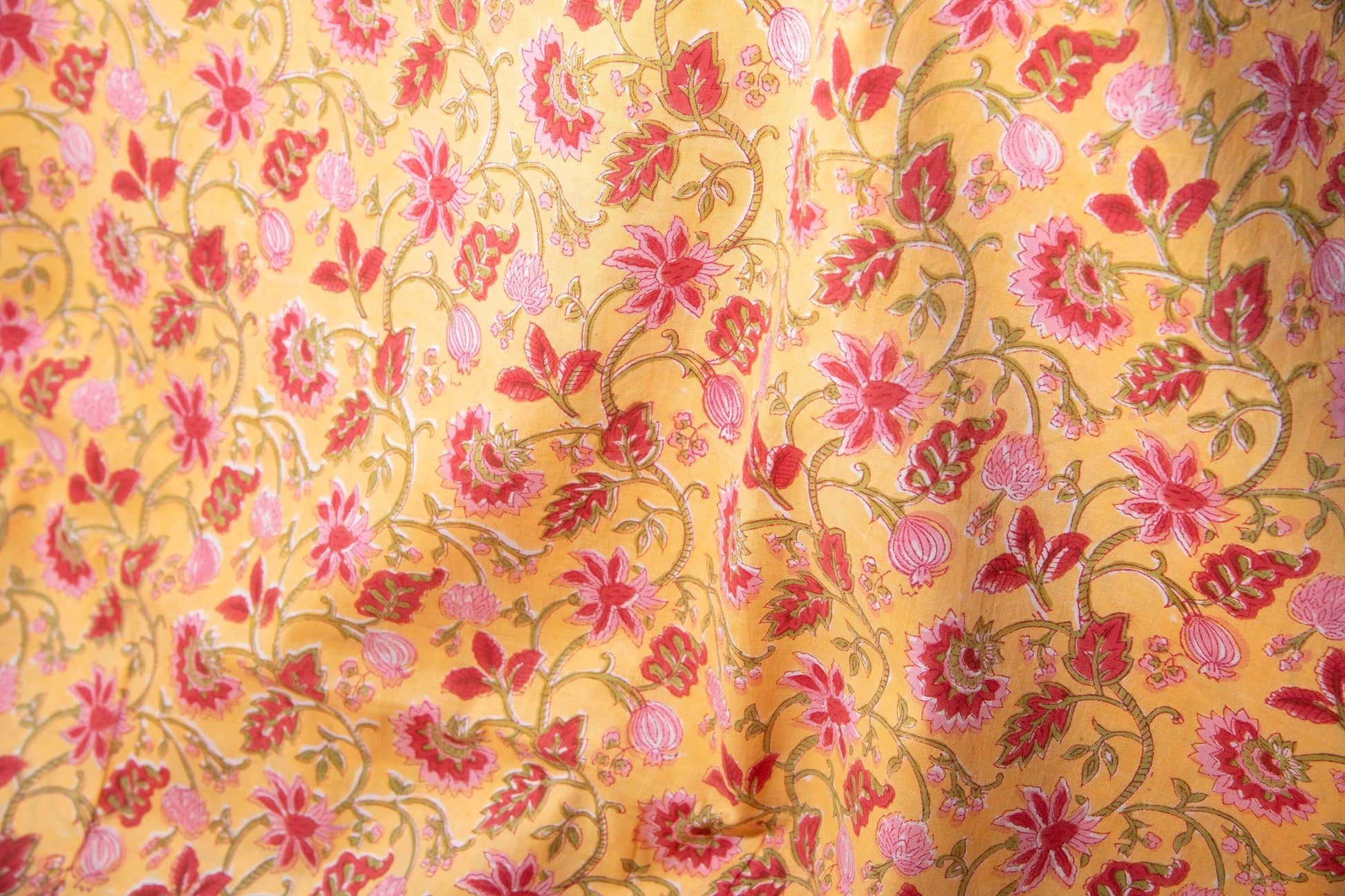 1 yard-Chrome yellow with red and pink floral green vines hand block printed cotton fabric-girls dress fabric/quilting/decor/ dress