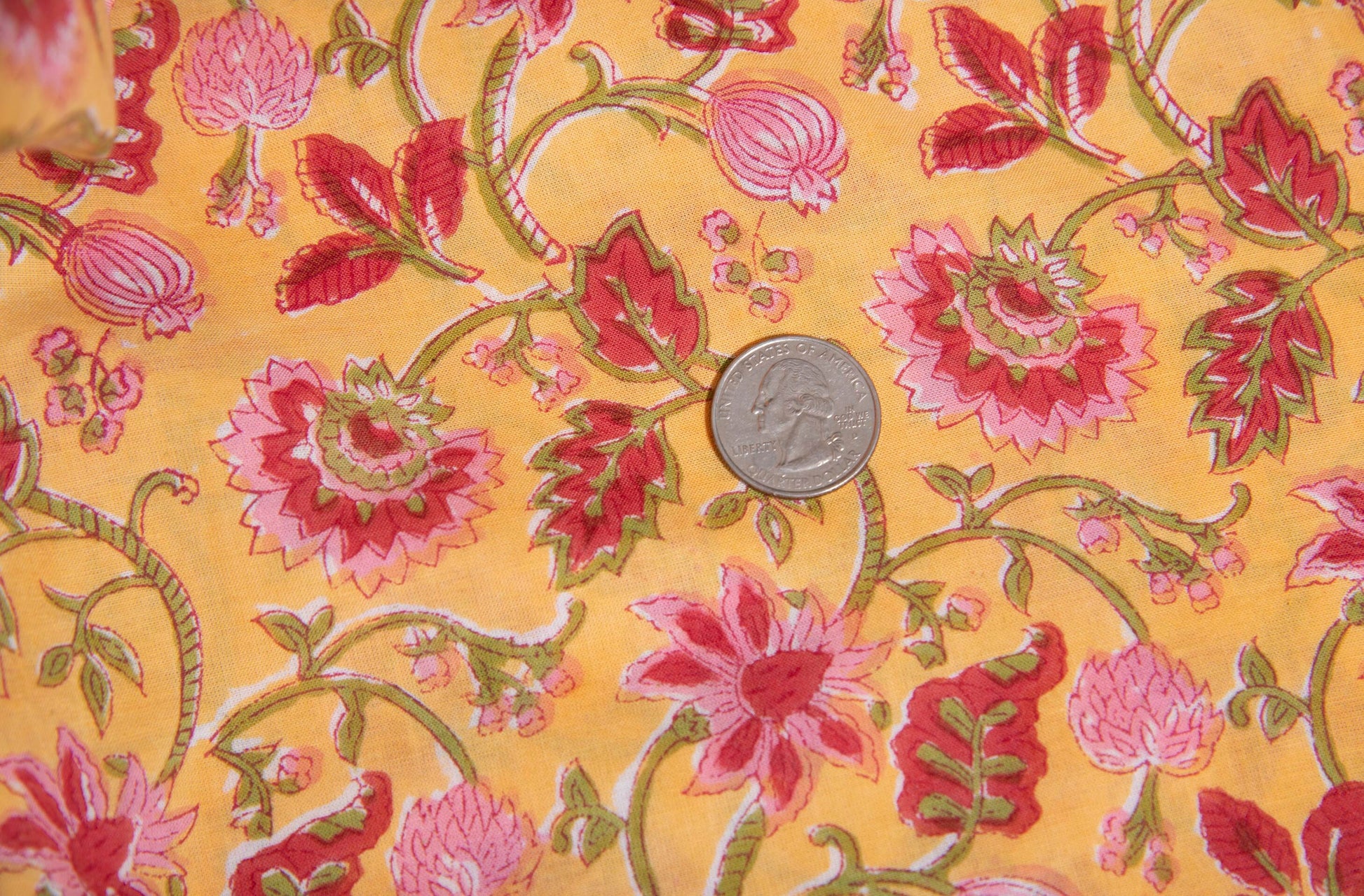 1 yard-Chrome yellow with red and pink floral green vines hand block printed cotton fabric-girls dress fabric/quilting/decor/ dress