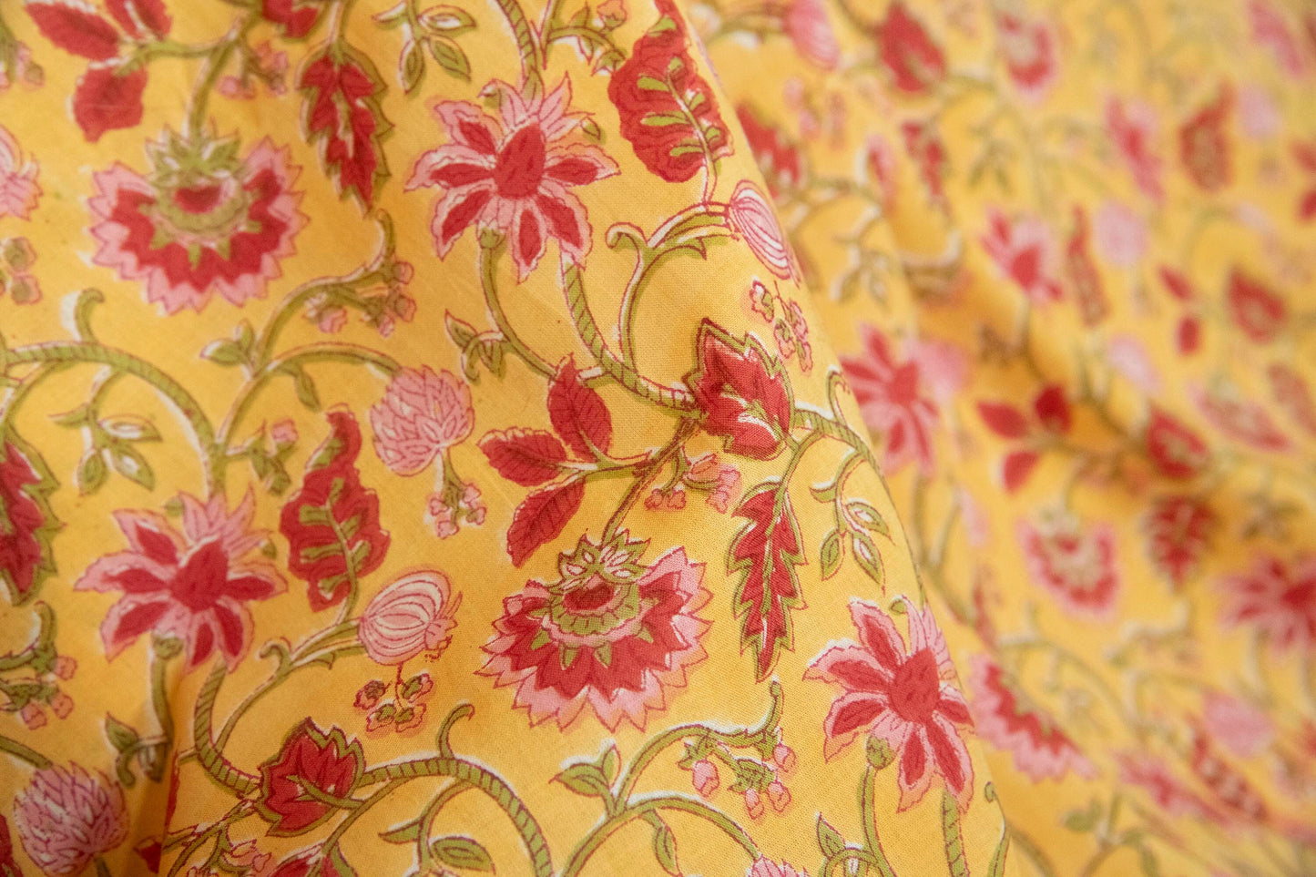 1 yard-Chrome yellow with red and pink floral green vines hand block printed cotton fabric-girls dress fabric/quilting/decor/ dress