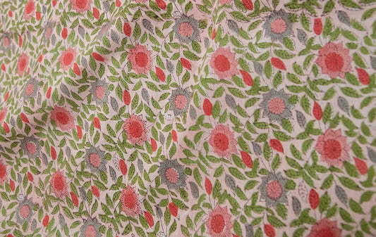 1 yard-Blush pink with red and grey sunflower with bright green leaves hand block printed cotton fabric-dress fabric/quilting/decor/ dress