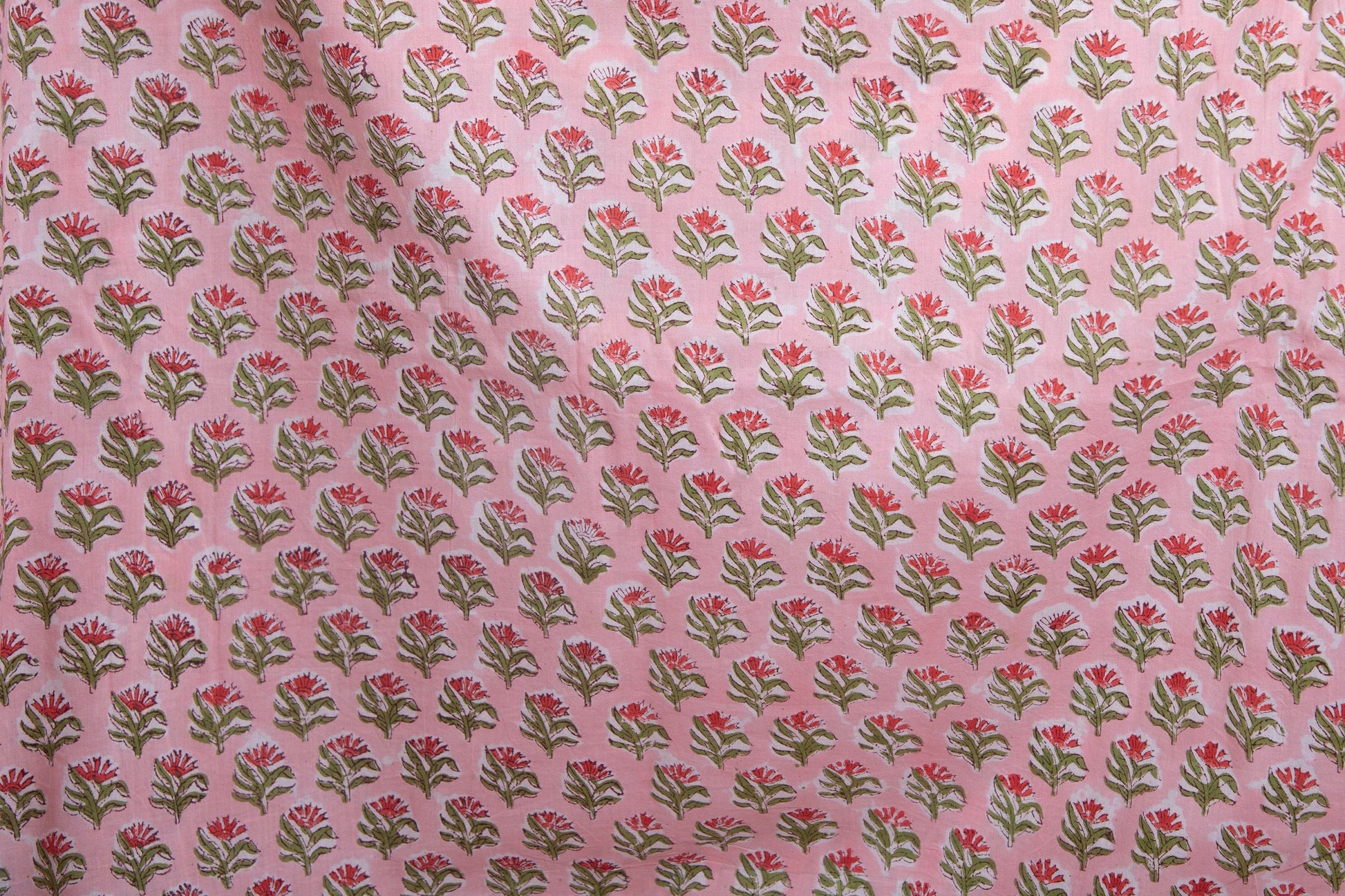 1 yard-Pink with red and green motifs hand block printed cotton fabric-dress fabric/quilting/decor/hair accessories fabric