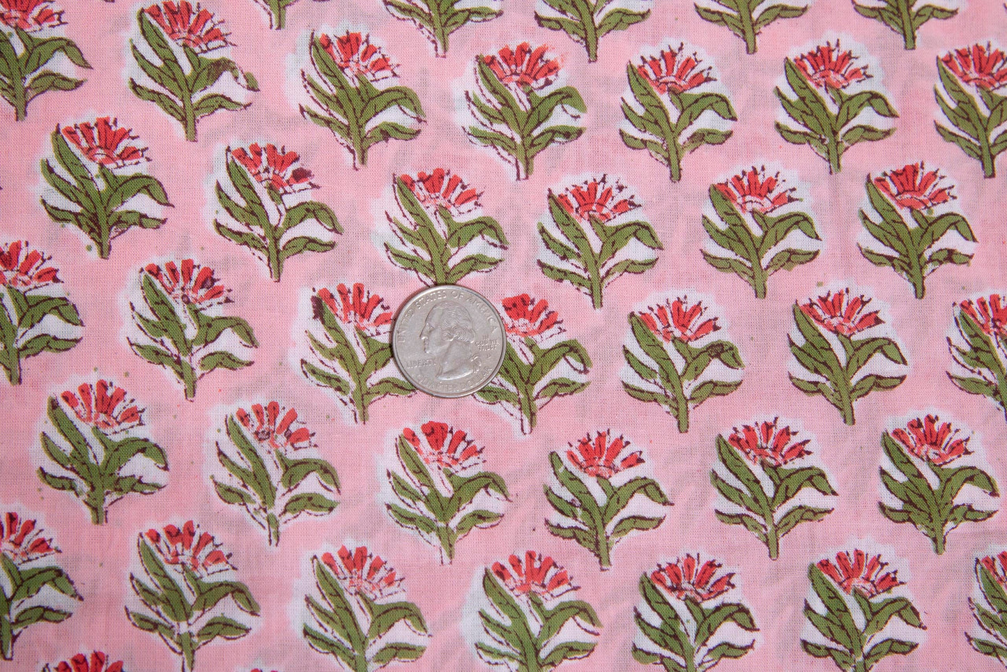 1 yard-Pink with red and green motifs hand block printed cotton fabric-dress fabric/quilting/decor/hair accessories fabric