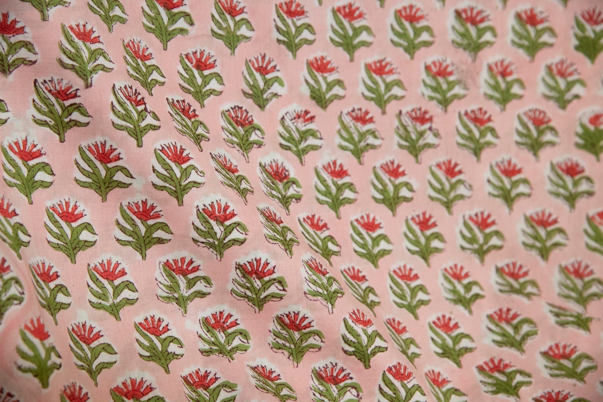 1 yard-Pink with red and green motifs hand block printed cotton fabric-dress fabric/quilting/decor/hair accessories fabric