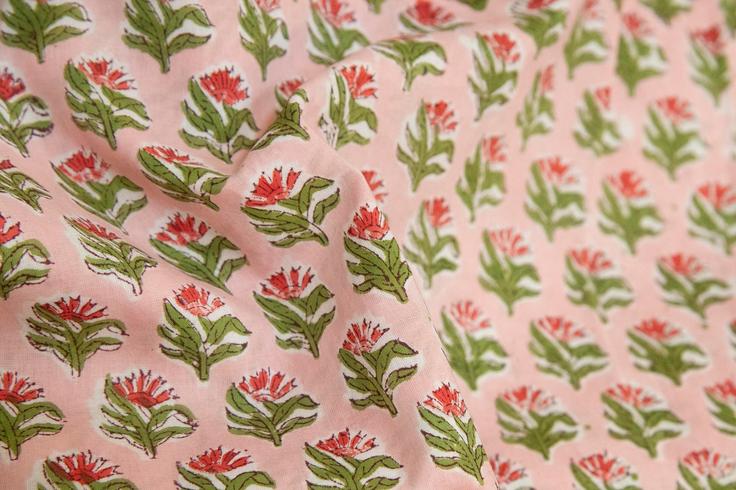 1 yard-Pink with red and green motifs hand block printed cotton fabric-dress fabric/quilting/decor/hair accessories fabric