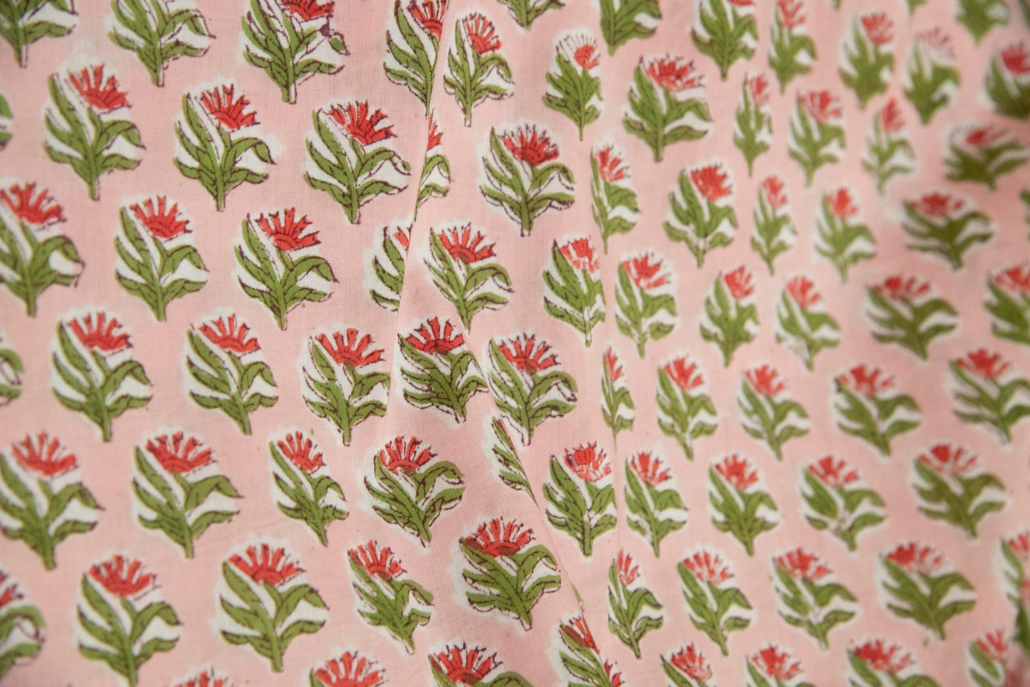 1 yard-Pink with red and green motifs hand block printed cotton fabric-dress fabric/quilting/decor/hair accessories fabric