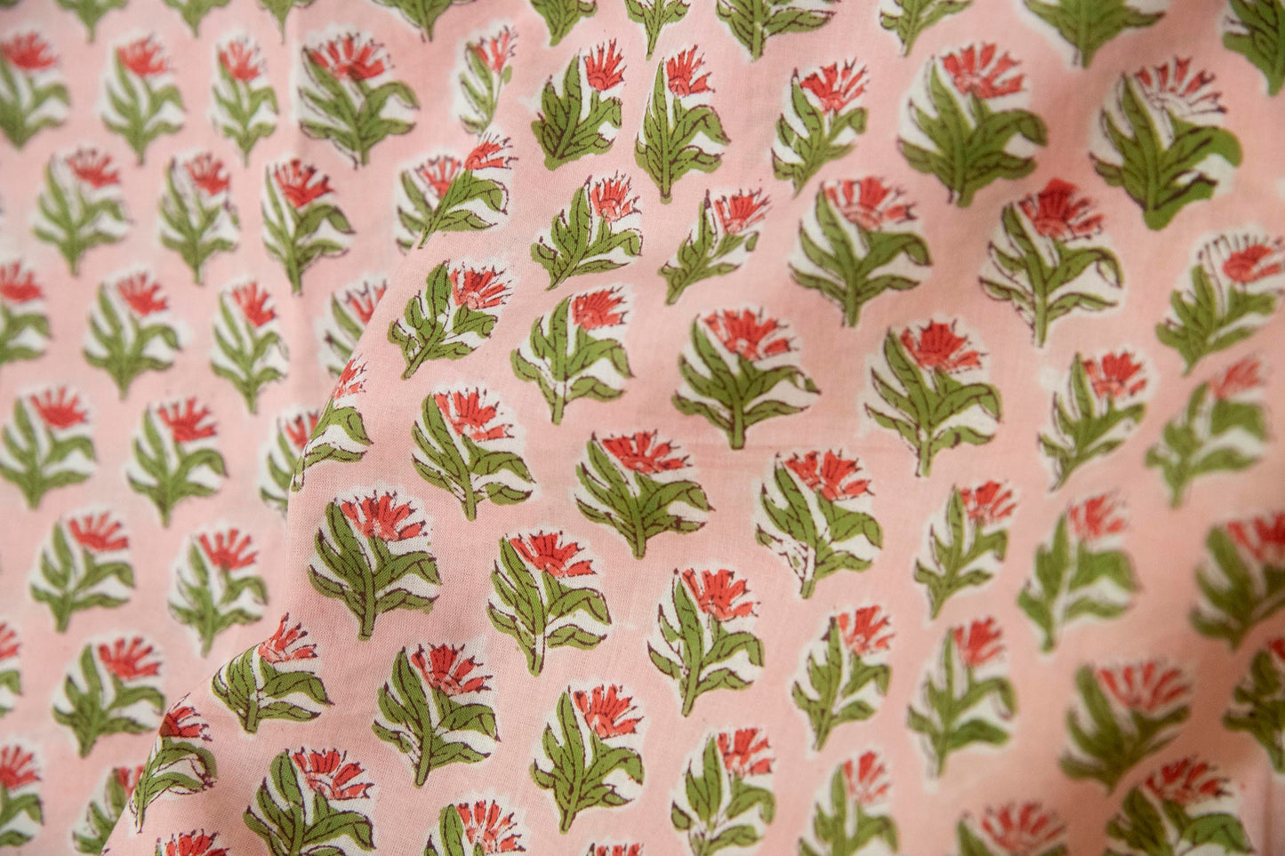 1 yard-Pink with red and green motifs hand block printed cotton fabric-dress fabric/quilting/decor/hair accessories fabric