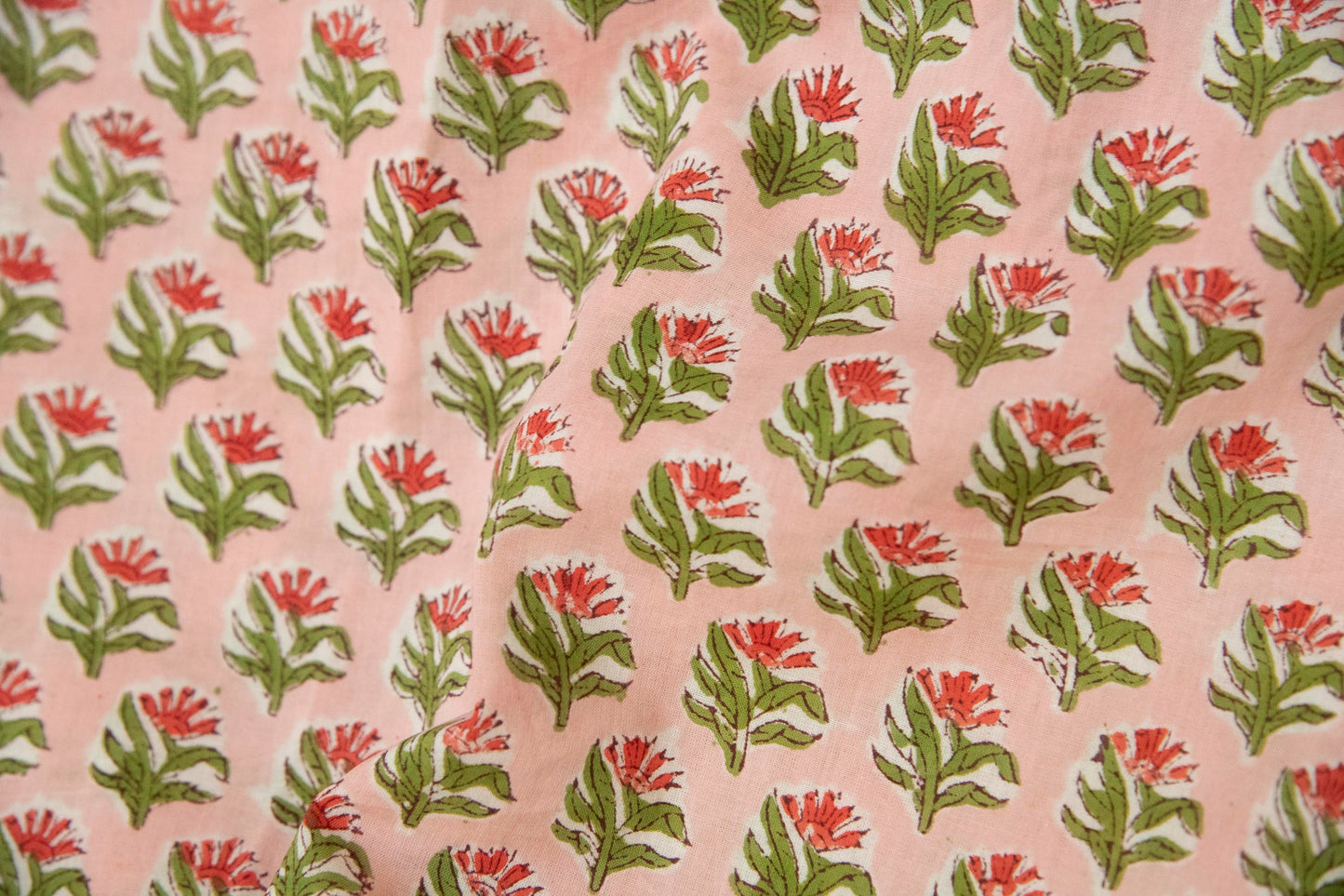 1 yard-Pink with red and green motifs hand block printed cotton fabric-dress fabric/quilting/decor/hair accessories fabric