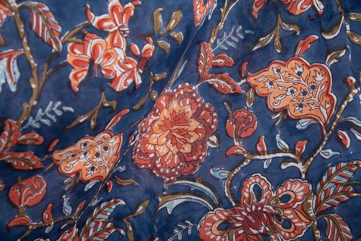 1 yard-Navy blue with rust orange brown floral vine hand block printed cotton fabric-dark blue large floral /quilting/decor/hair bows fabric