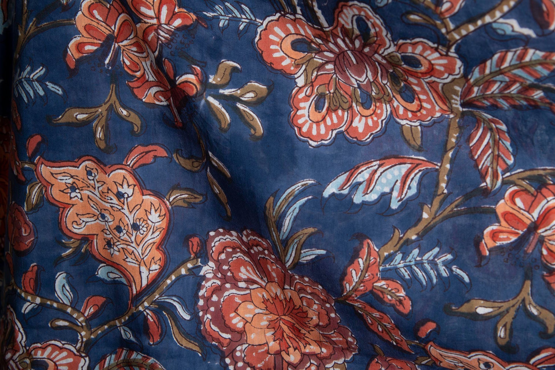 1 yard-Navy blue with rust orange brown floral vine hand block printed cotton fabric-dark blue large floral /quilting/decor/hair bows fabric