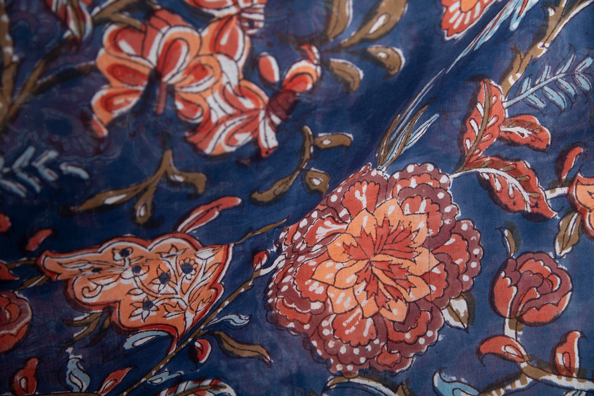 1 yard-Navy blue with rust orange brown floral vine hand block printed cotton fabric-dark blue large floral /quilting/decor/hair bows fabric