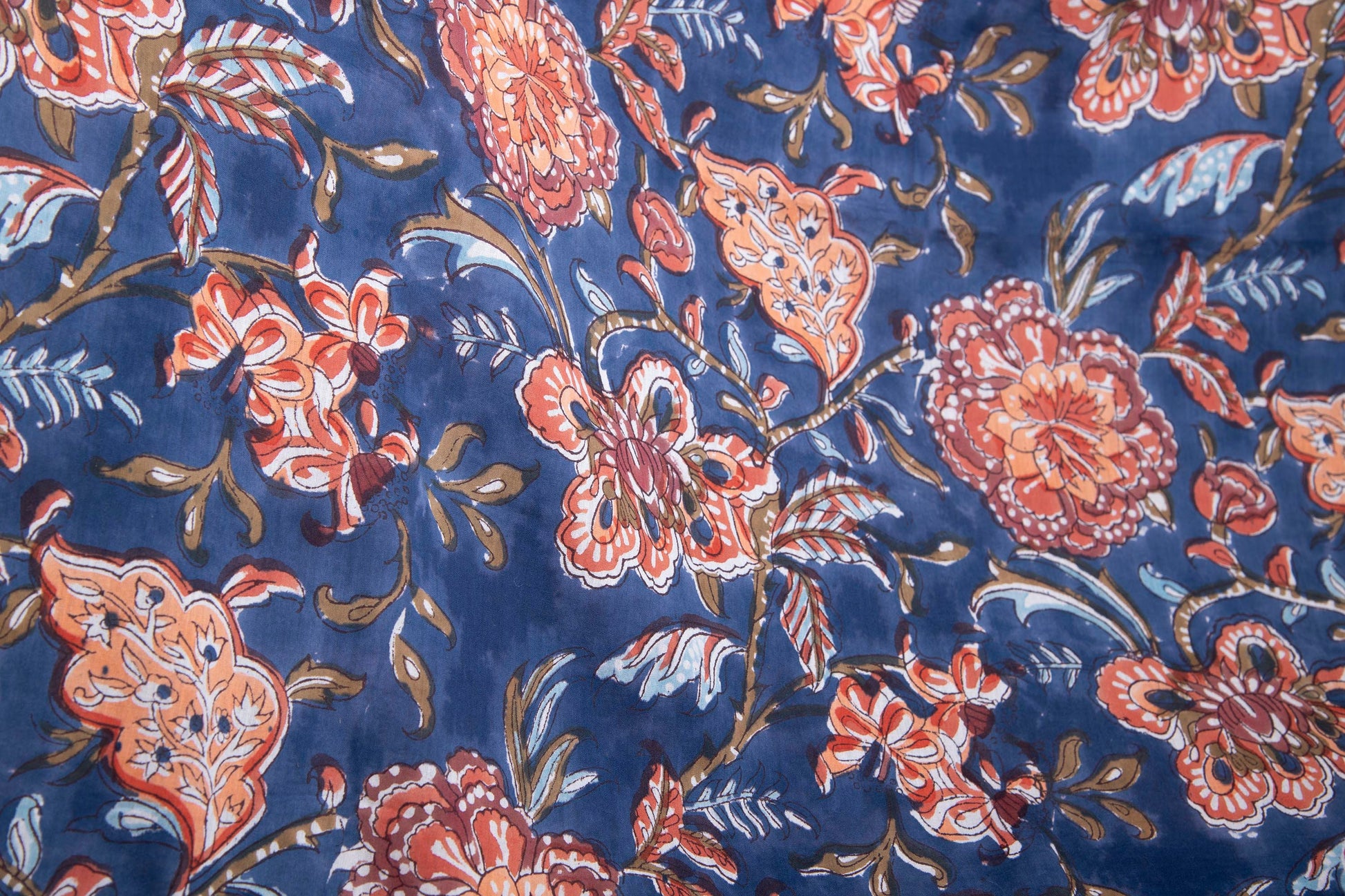 1 yard-Navy blue with rust orange brown floral vine hand block printed cotton fabric-dark blue large floral /quilting/decor/hair bows fabric