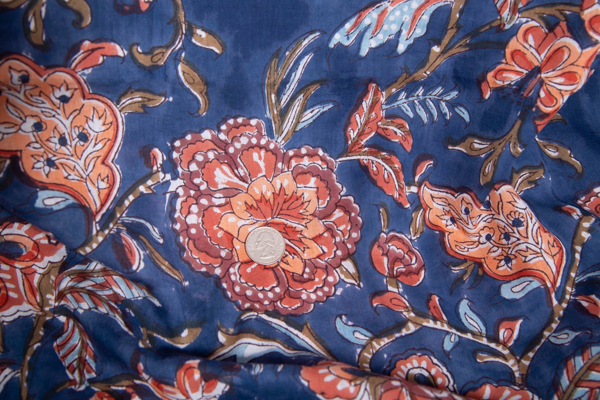 1 yard-Navy blue with rust orange brown floral vine hand block printed cotton fabric-dark blue large floral /quilting/decor/hair bows fabric