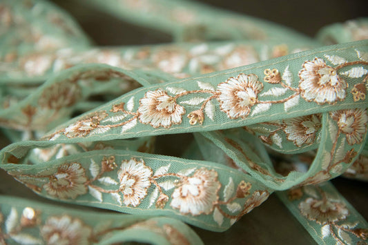 1 yard-Mint green floral thread embroidery ribbon on mesh fabric -pastel mint and beige floral trim for bow making, edging-dress making