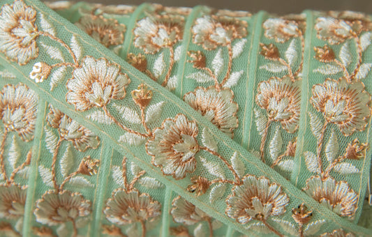 1 yard-Mint green floral thread embroidery ribbon on mesh fabric -pastel mint and beige floral trim for bow making, edging-dress making