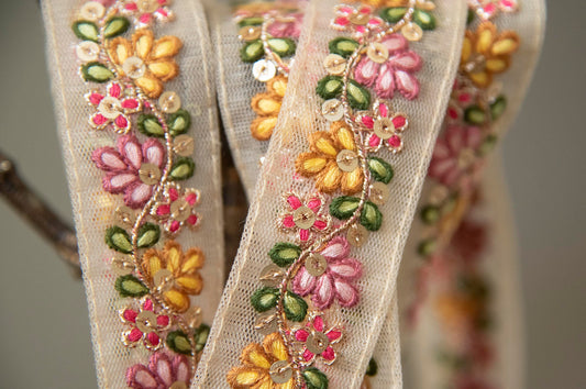 1 yard-Pink and yellow floral thread embroidery ribbon on mesh fabric-green leaf red floral trim for bow making, edging-dress making