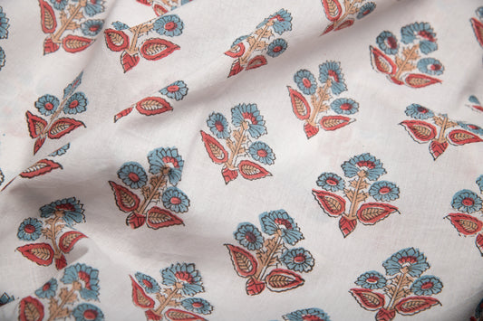 1 yard-Teal and red floral motif hand block printed cotton fabric-tote bag fabric/girls dress fabric/quilting/decor/women's dress