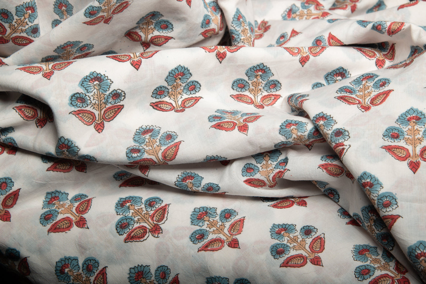 1 yard-Teal and red floral motif hand block printed cotton fabric-tote bag fabric/girls dress fabric/quilting/decor/women's dress