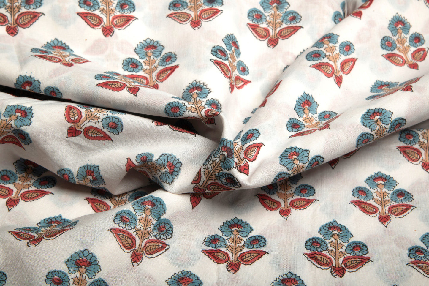1 yard-Teal and red floral motif hand block printed cotton fabric-tote bag fabric/girls dress fabric/quilting/decor/women's dress