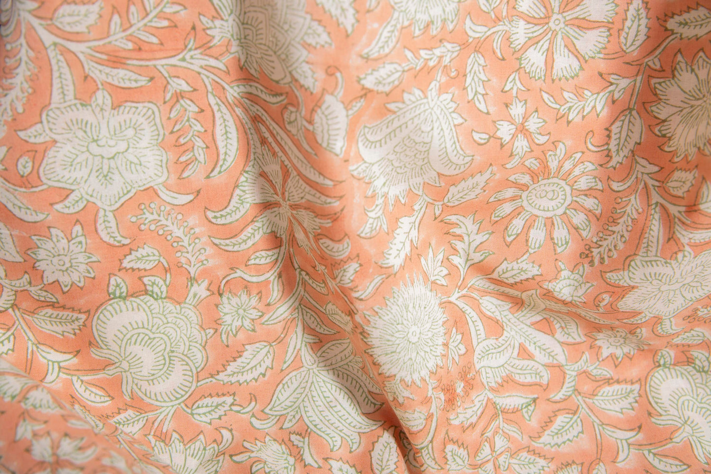 1 yard-Pale peach orange monotone floral motif hand block printed cotton fabric-tote bag /girls dress fabric/quilting/decor/women's dress