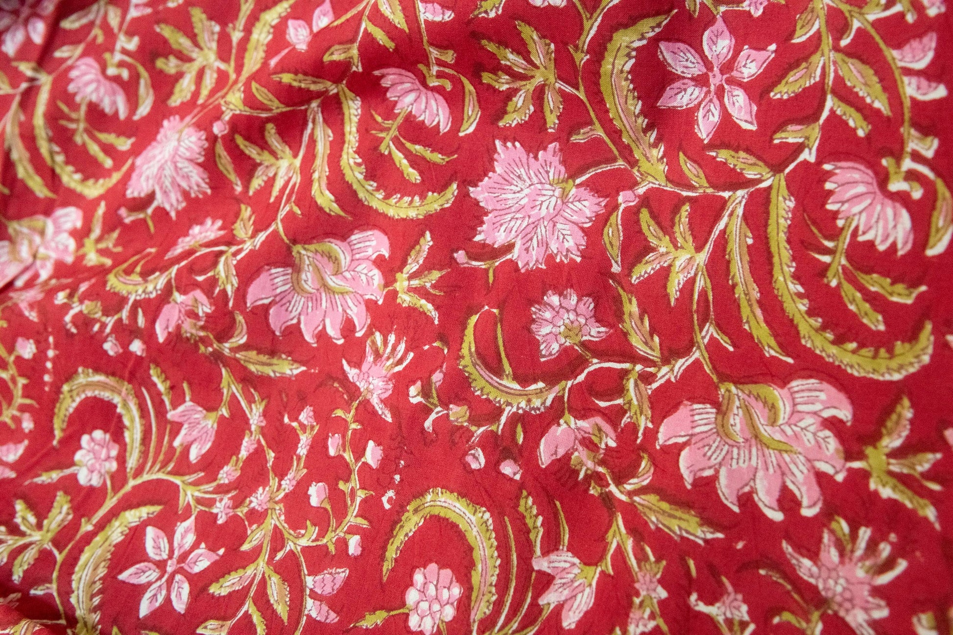 1 yard-Dark red with pink floral vines hand block printed cotton fabric-tote bag /girls dress fabric/quilting/decor/women's dress